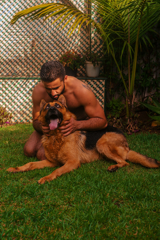 a person lying on the grass with a dog