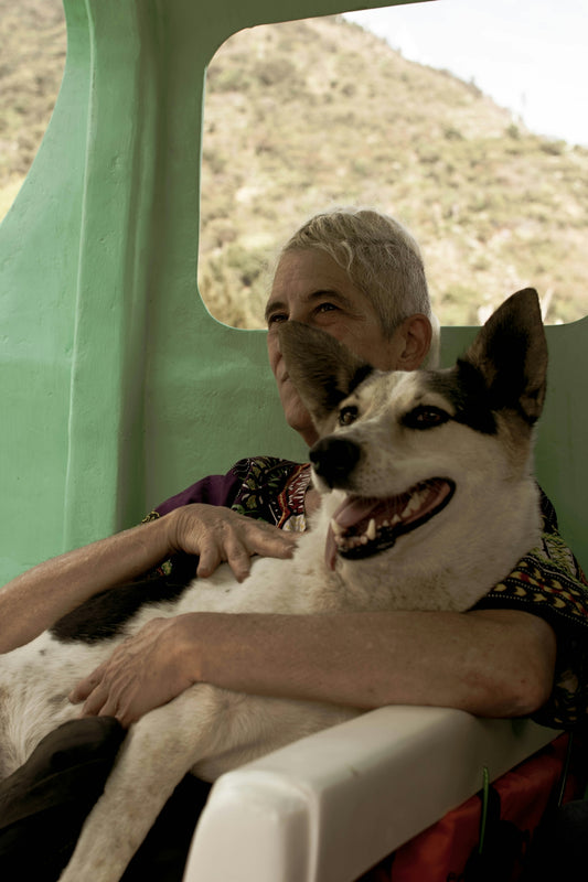 a man sitting on a bench with a dog