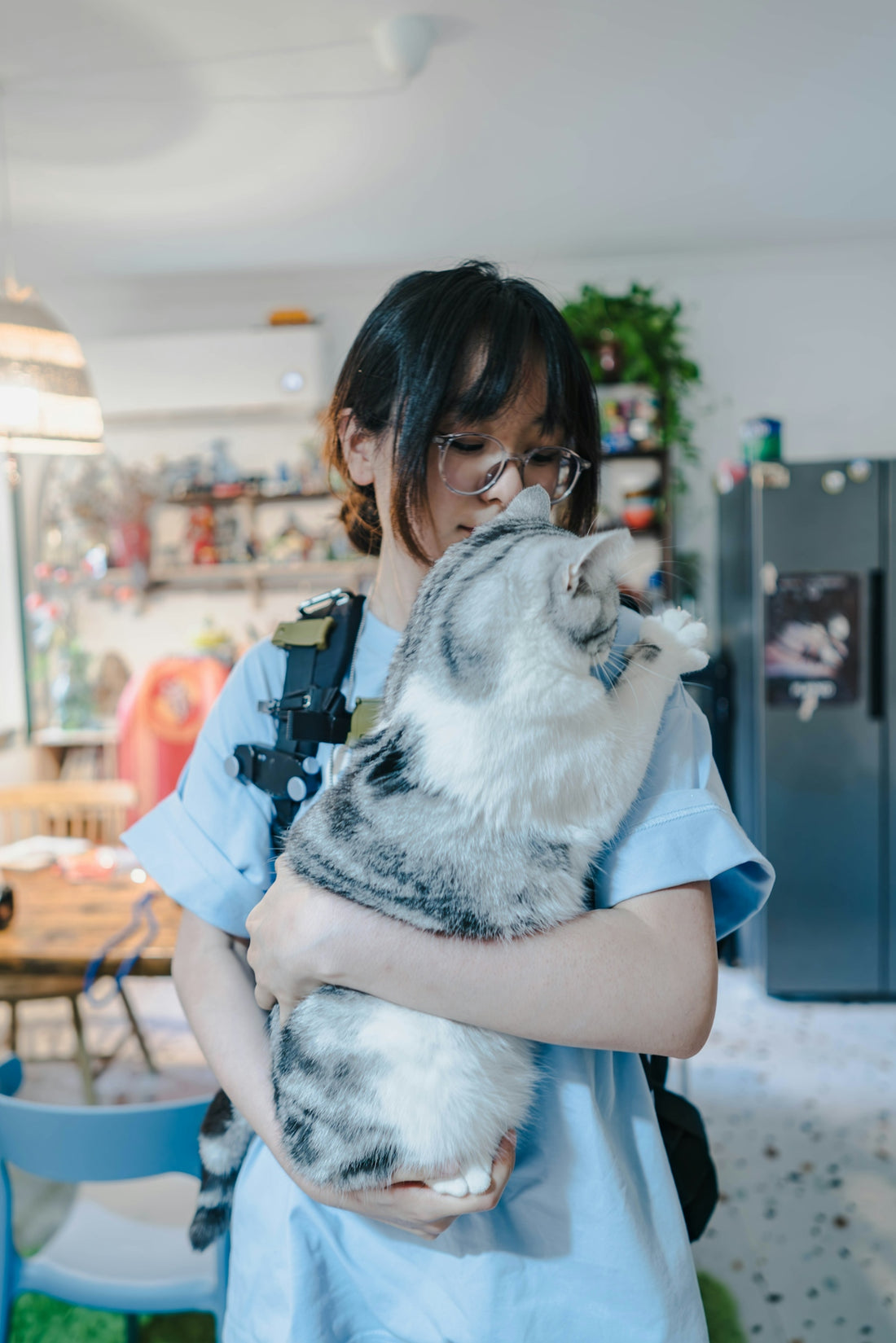 A woman holding a gray and white cat in her arms